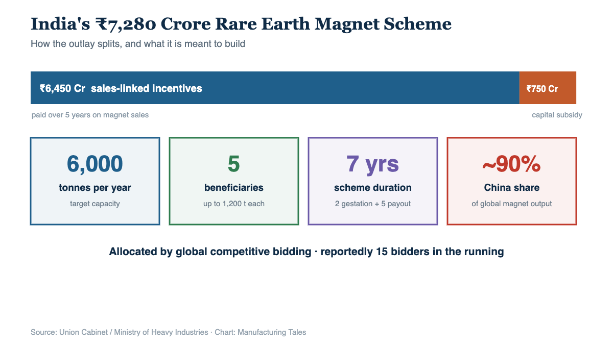 Chart of India rare earth magnet scheme: 6450 crore sales-linked incentives, 750 crore capital subsidy, 6000 tonnes target