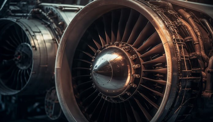 Metallic propeller turning inside modern airplane engine generated by AI